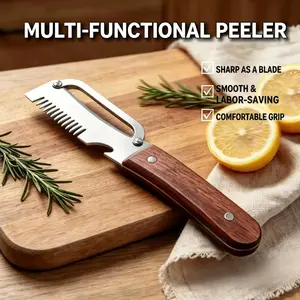 Wooden-Handled Vegetable & Fruit Peeler & Green Onion Slicer - Stainless Steel Blade with Built-In Bottle Opener, Ergonomic Kitchen Tool