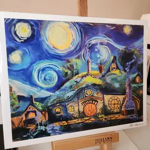 14x11" Fine Art Giclee Pastel Print of Hobbit Hole & Starry Night Inspired by Lord of the Rings Whimsical Scene