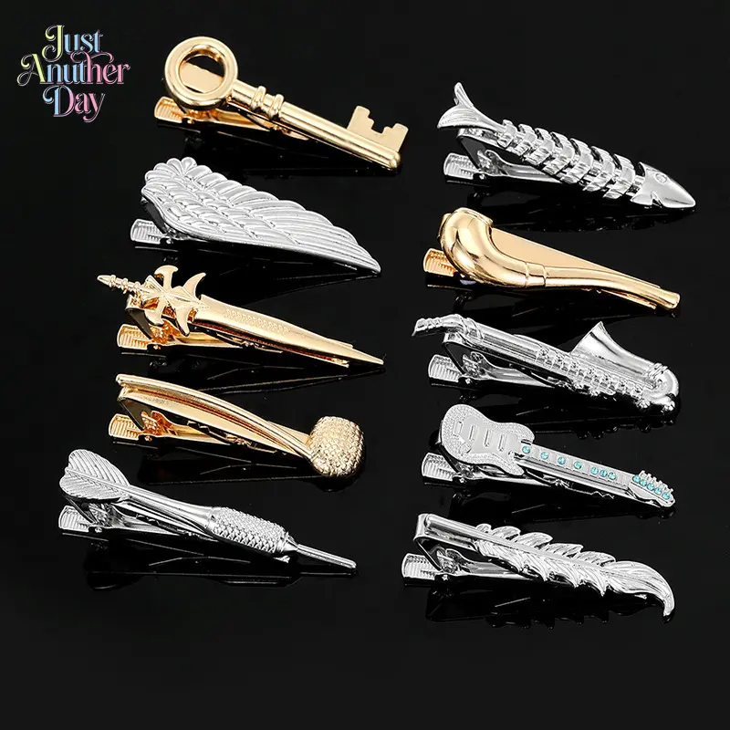 Creative Novelty Tie Clips Set, Fun Shaped Metal Tie Bars, Unique Guitar/Sax/Key/Wing Tie Clips for Men
