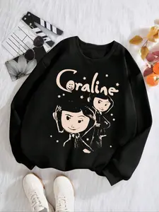 Women's Coraline Cartoon Print Pullover Hoodie, Fall & Winter Loose-Fit Round Neck Sweatshirt, Casual Holiday Style Fabric