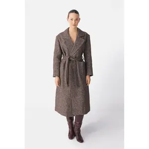 Brown Herringbone Wool Belted Coat