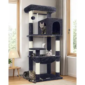 Tree Tower with   for Indoor Cats, 53inch Tall Plush Multi-Level  Climbing Tower Condo House with Large Hammock, Spacious  Condo, Big Padded Top Perch, F53, Dark Gray