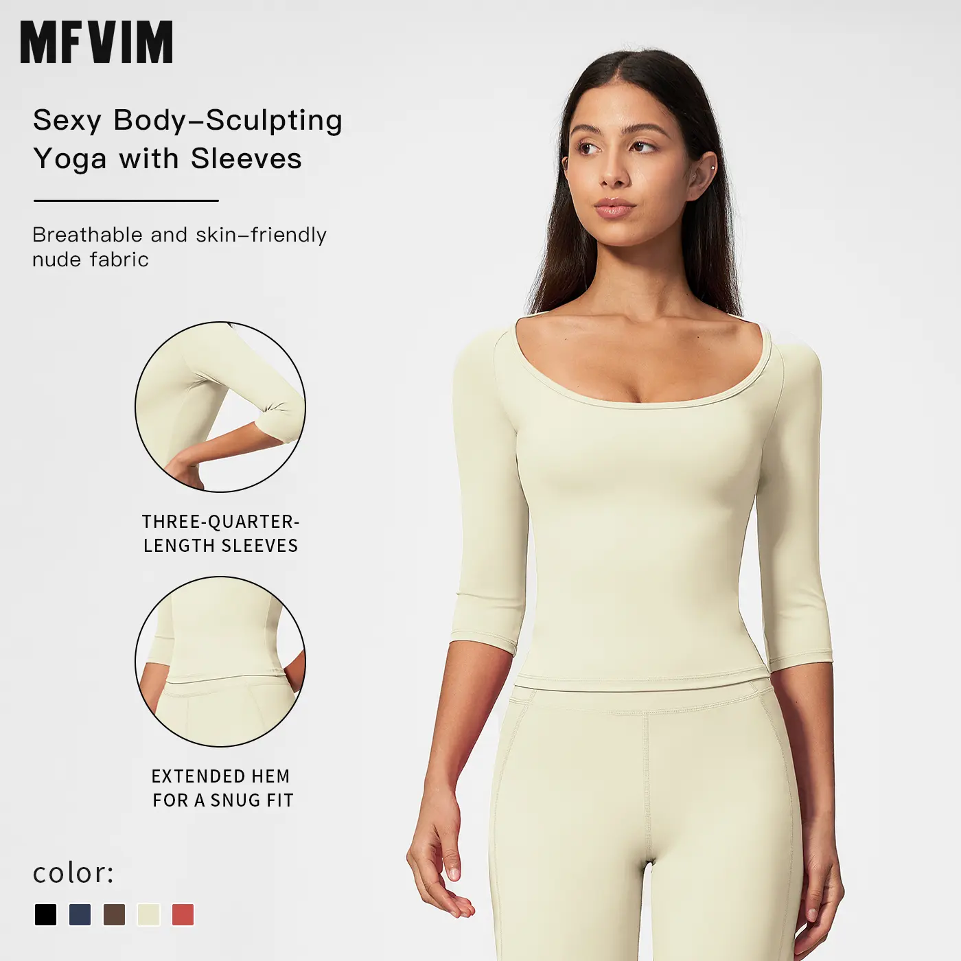 MFVIM Women’s Large U-Neck Three-Quarter Sleeve Yoga Top – Skin-Friendly, Shaping Fitness T-Shirt