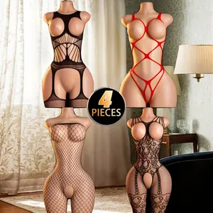 Women's 4-Pack Exotic Black Lace Jumpsuit Set - Lady's Sexy Sheer Mesh Corset Lingerie, Flower-Patterned Bodysuit with Mesh Socks Underwear, Bold Bedroom & Loungewear Clothes