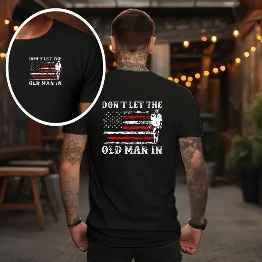 Men's Patriotic "Don't Let The Old Man In" Graphic T-Shirt Distressed US Flag & Cowboy Silhouette Design Western Casual Black Tee