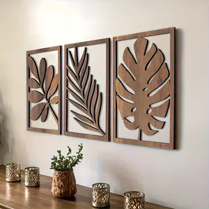 3pc Rustic Wall Sculpture Set, Large Wall Art Decor, Bohemian Tropical Leaf Wooden Cutout Plaques, Living Room Bedroom Office