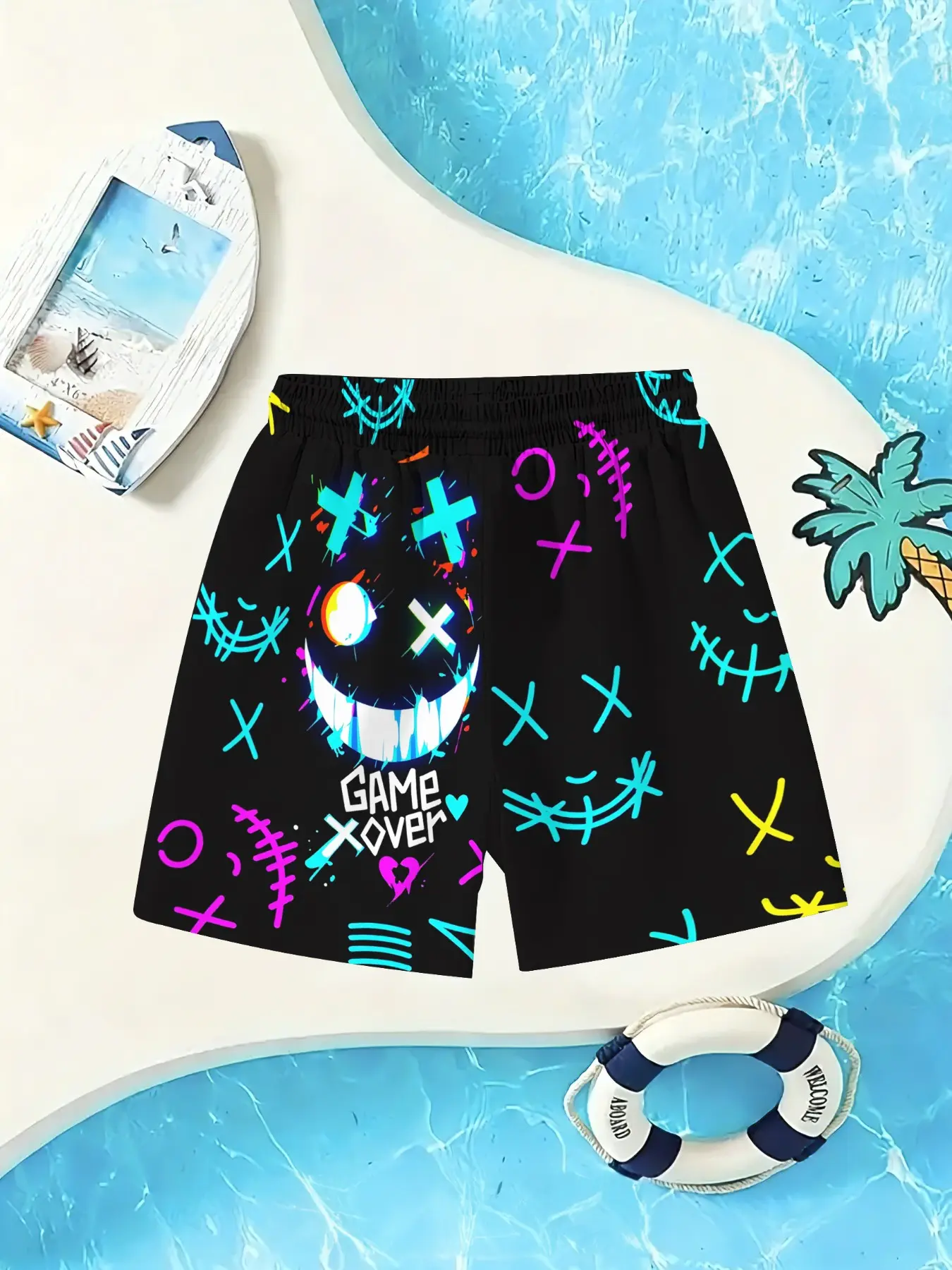 Neon Smile Print Shorts, Boys' Quick-Dry Beach Trunks, Swimming Trunks, Breathable Loose-Fit Swimwear Bathing Suit, Childrens Swimwear, Ideal for Pool, Vacation, Playtime, Youth Swim Trunks