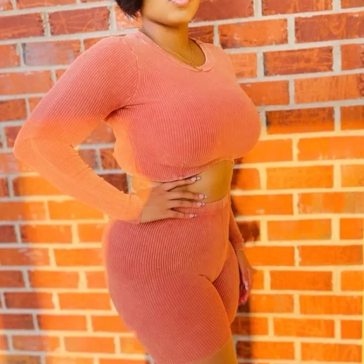 Rust Mineral Wash Long Sleeve Crop Top and Biker Shorts