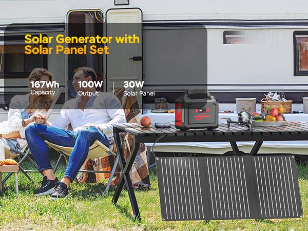 167Wh Solar Generator with 30W Solar Panel Portable Power Station with 2 x 100W AC Outlets (150W Surge) 8 Output Ports Built-in Flashlight for Home Camping Essentials Power Outages Emergency