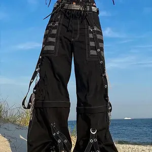 NewPunk Style Y2k Wid Leg Denim Pants E-girl Gothic Loose Trousers Cyber Grunge Cargo Pants Harajuku High Waist Baggy Jeans Women Can be used with a raincoat