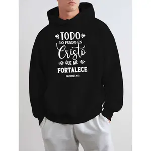 Men's Spanish Bible Verse Print Graphic Hoodie - Long Sleeve Pullover Regular Fit | Soft & Breathable Fabric, Durable Print, Everyday Comfort, Machine Washable, casual indoor studio