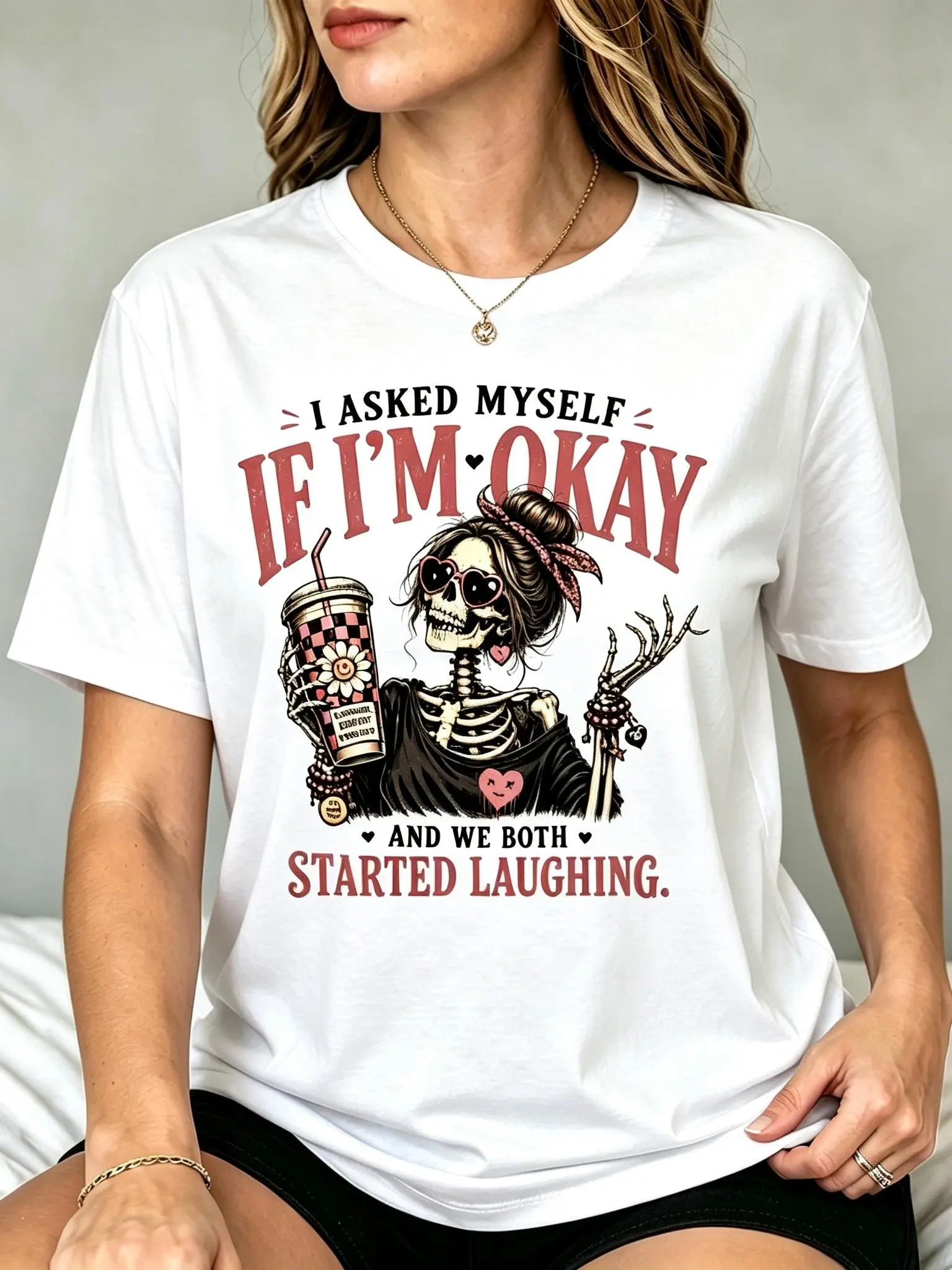 Funny Skeleton Shirt Women, Emotional Support Chaos Tee, Spooky Cute Coffee Graphic Shirt, Cute But Unhinged T Shirt