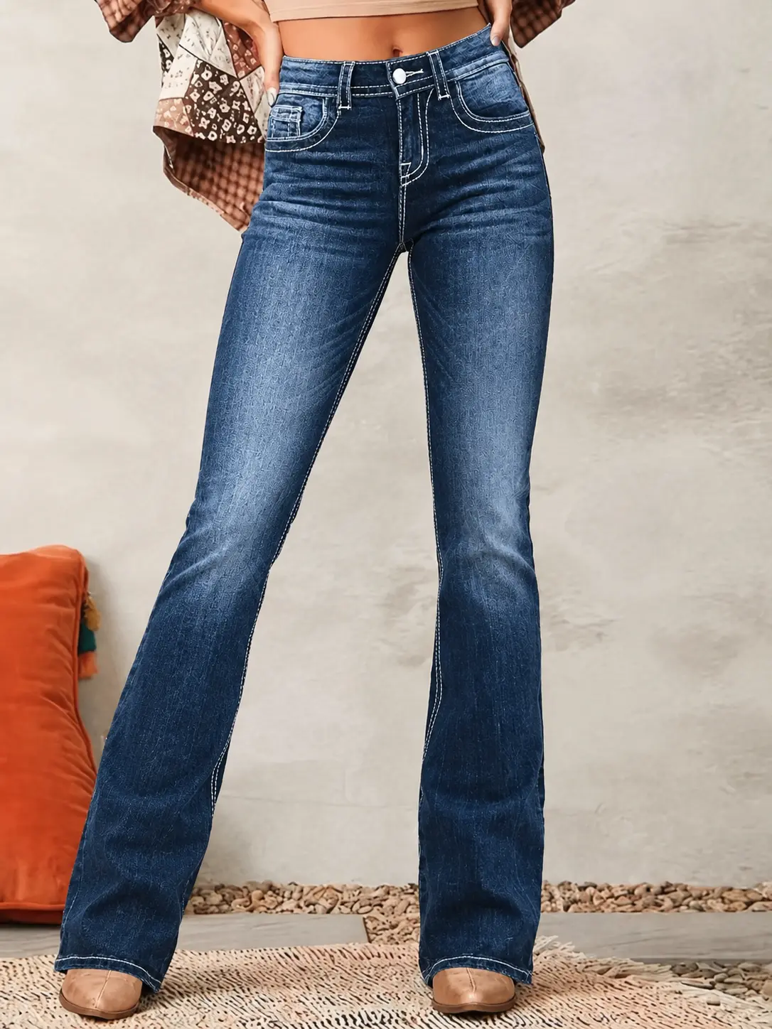 Women's Mid-Rise Dark Wash Flare Denim Bottoms, Western Embroidered Back Pockets, Casual Comfortable Cowgirl Style Jeans,sohochic