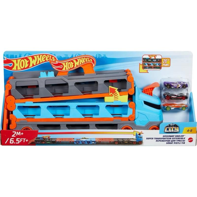 Hot Wheels Speedway Hauler Storage Carrier with 3 1:64 Scale Cars & 6-Foot Drag Race Track for Kids 4-8 Years Old HGH33 Hot Wheels Speedway Hauler Storage Carrier with 3 1:64 Scale Cars & 6-Foot Drag Race Track for Kids 4-8 Years Old HGH33