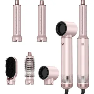 5 in 1 Hair Styler & Wrap Air Curler, Professional Blow Dryer Brush for Curling Volumizing Straightening Styling, Multi Hair Styler, Low-Speed Negative Ionic Hair Tools Drying (Pink)