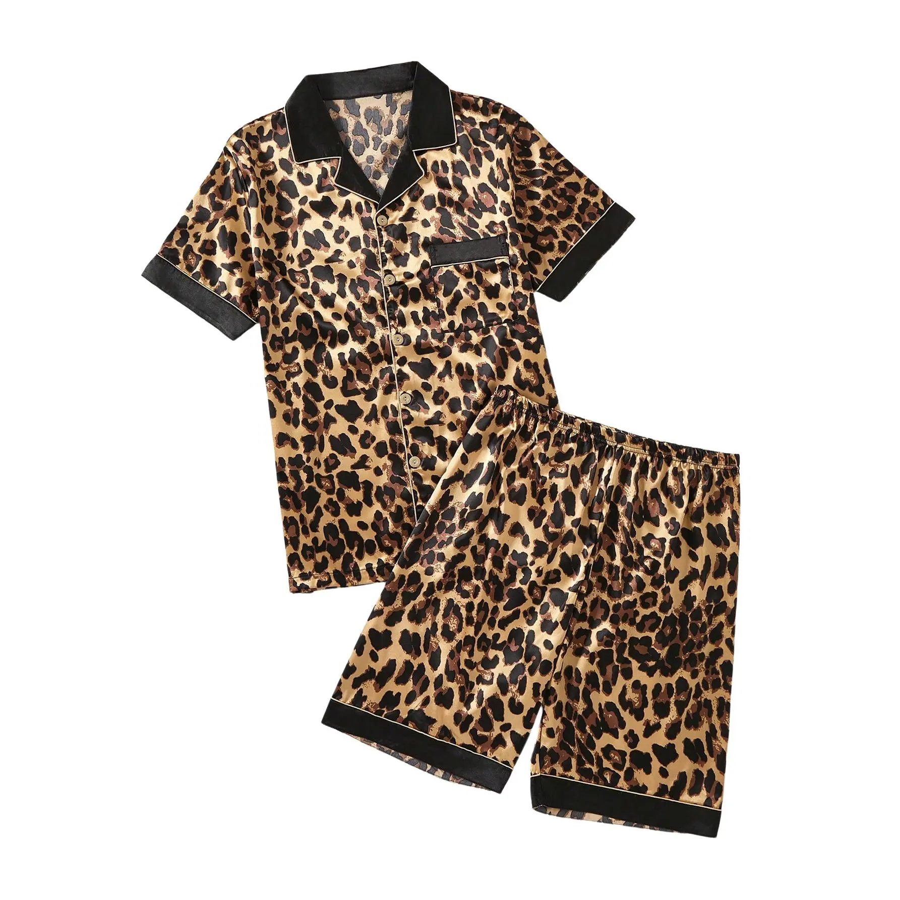 Women's 2 Piece Pajama Set, Casual Loungewear with Animal Print Collar and Matching Shorts, Light Short Sleeve Home Outfit for Outdoor Wear, Fabric, Do Not Bleach, Flexible Fit, Short Sleeves