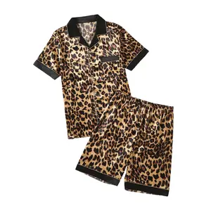 Men's 2 Piece Loungewear Sets Leopard Collared Neck Short Sleeve Tops with Elastic Waist Shorts