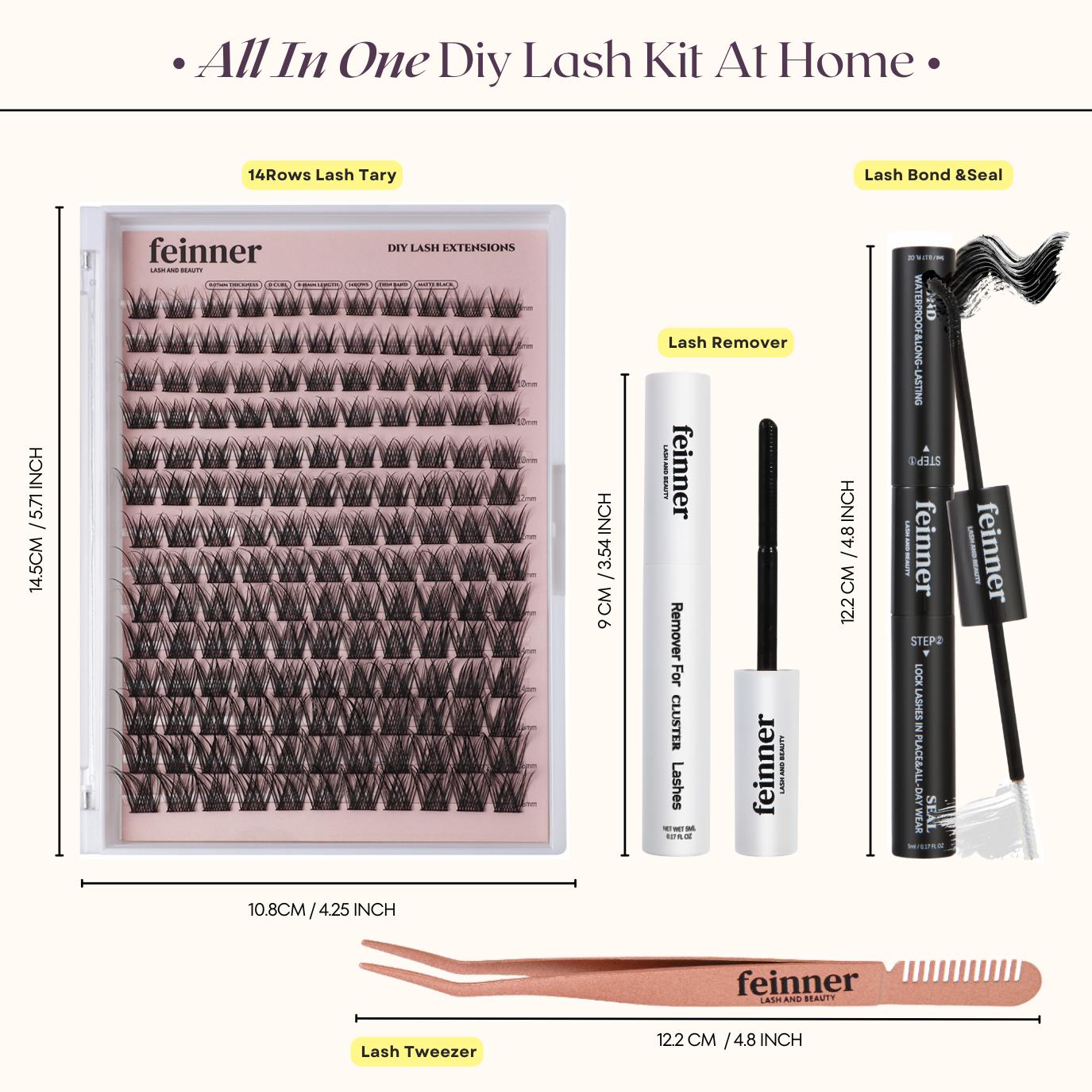 Feinner Classic DIY Lash Extension Kit Natural Look Waterproof with Bond Seal Remover Soft D Curl 8-16mm 8-12mm Mix for Beginners Friendly Salon Quality at Home Must-Have Cluster