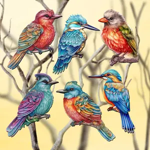 Designocracy 8090003C-S6 2 x 2 x 0.25 in. Colorful Birds Decorative Wooden Clip-on Ornaments Christmas Decor, Set of 6