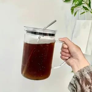 33.81 Oz Large High Borosilicate Glass Water Cup with Lid and Straw, Heavy Duty Clear Iced Coffee Drinking Glass, Viral Aesthetic Portable Reusable Drinkware for Summer Winter Home Kitchen Office Gift