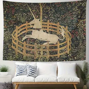 1pc Medieval unicorn tapestry, vintage art wall decor, mythological style drapery. Vintage tapestry, unicorn pattern, mysterious atmosphere decoration. Living room art arrangement. bedroom decor mens room decor bedroom decorations trippy room decor