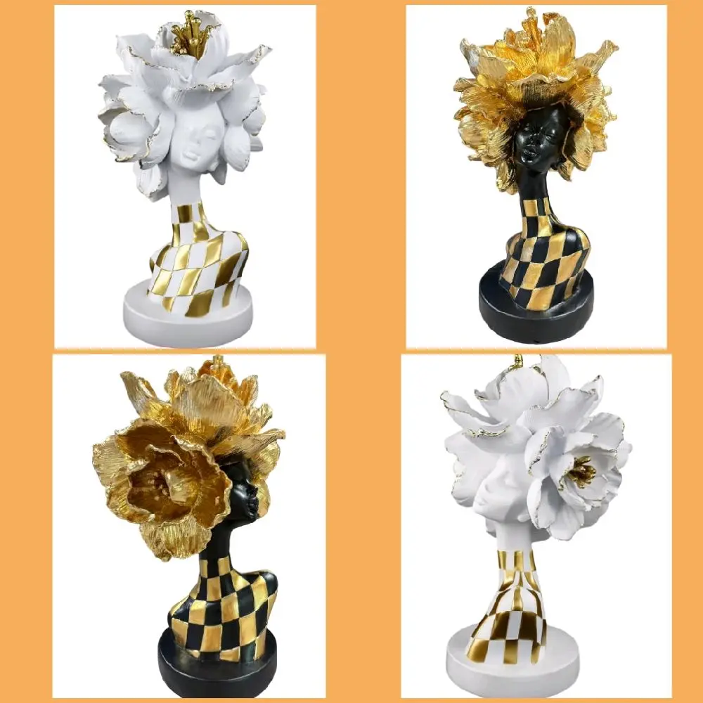 Gold Lady Sculpture – Elegant Resin Figurine with Floral Crown, Modern Art Decor for Living Room, Gift for Women