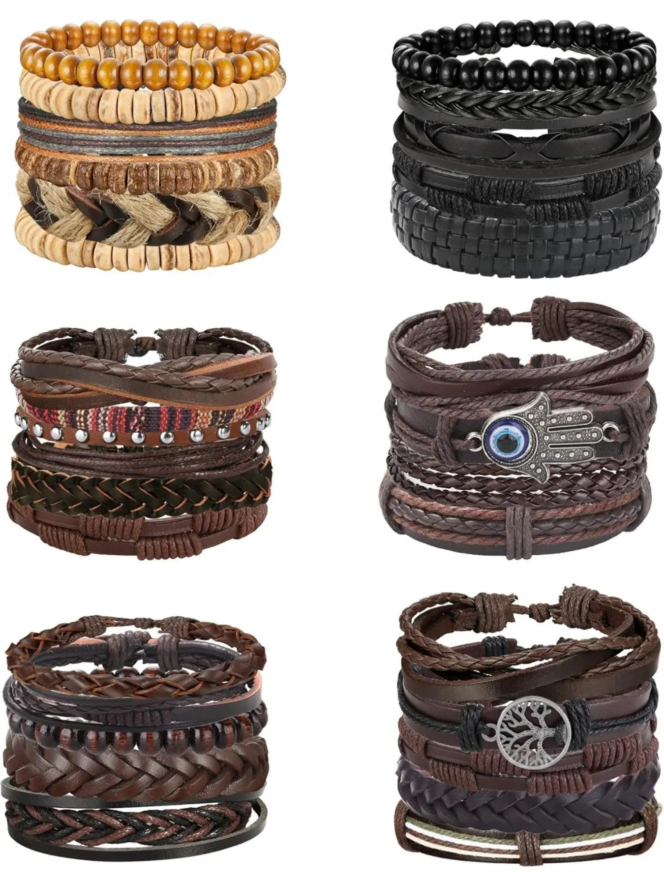 30pcs Braided Leather Bracelets for Men & Women, Wrap Wood Beads, Woven Ethnic Tribal Rope, Adjustable Wristbands, All Seasons, Beaded Bracelets, Stackable Bracelet, Stacking Bracelet, Adjustable Beaded Design