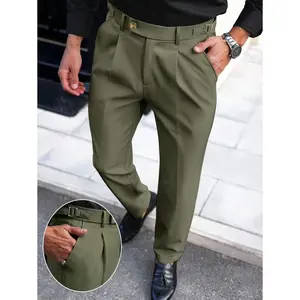 Manfinity Bizformal Men's Solid Color Pleated Pocket Straight Loose Casual Pants Olive Green Pants Men Men Pleated Suit Pants