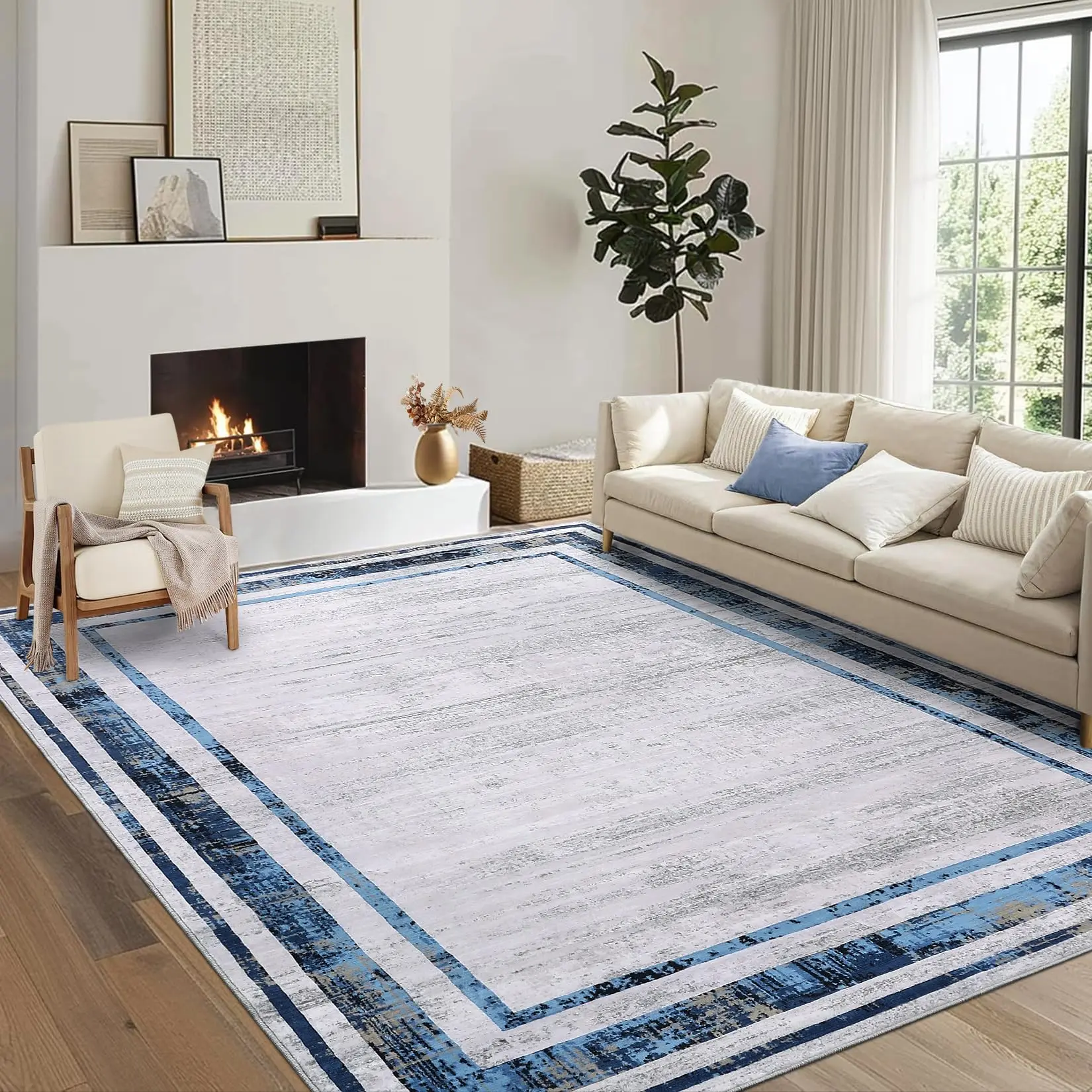 GARVEE Large 9x12 Living Room Rug with Modern Border Design, Soft and Washable with Rubber Backing, Contemporary Minimalist Distressed Accent, Foldable Printed Rug in Blue