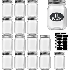 16 oz Mason Jars With Lids Regular Mouth 15 Pack-16oz Glass Jars with Silver Lids,Bulk Pint Clear Glass Jars For Meal Prep, Food Storage With 20 Labels