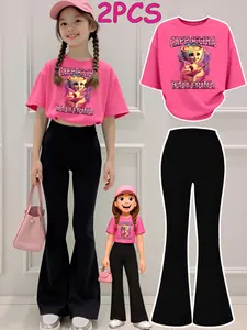 2PCS  Tween Girls Clothes T-Shirt Set  Cappuccina Ballerina Cup Character Print Print Girl Clothes Short-Sleeved Round Neck T-Shirt Bell Bottom Pants Set Perfect For Outdoor  Kids Clothes