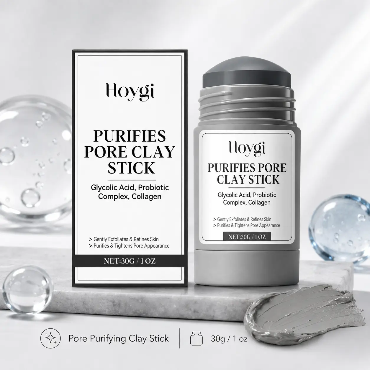 Pore Clay Mask Stick 30g, Glycolic Acid Face Mask with Probiotic Complex & Collagen, Easy Wash-Off Twist-Up Stick for Oily T-Zone, Smooth Skin Texture & Pore Appearance