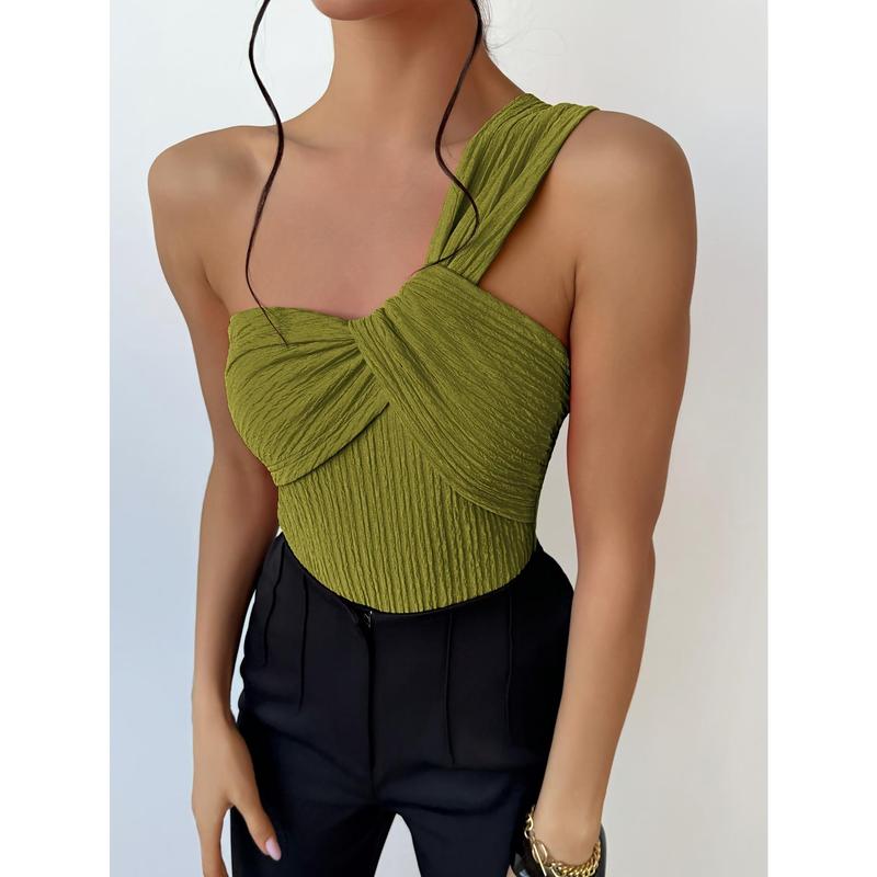 Elegance One Shoulder Twist Front Blouse, Lime Green - Sleeveless, Ribbed Knit, Women's Slim Fit Design - Ideal for Holidays and Parties, Machine Washable Elegance One Shoulder Twist Front Blouse, Lime Green - Sleeveless, Ribbed Knit, Women's Slim Fit Design - Ideal for Holidays and Parties, Machine Washable