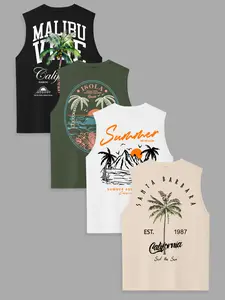 Men's 4-Piece Coconut Tree Series Round Neck Vest Set, Sleeveless Shirt, Casual Comfortable Top for Summer Outdoor Beach Vacation Fitness Wear