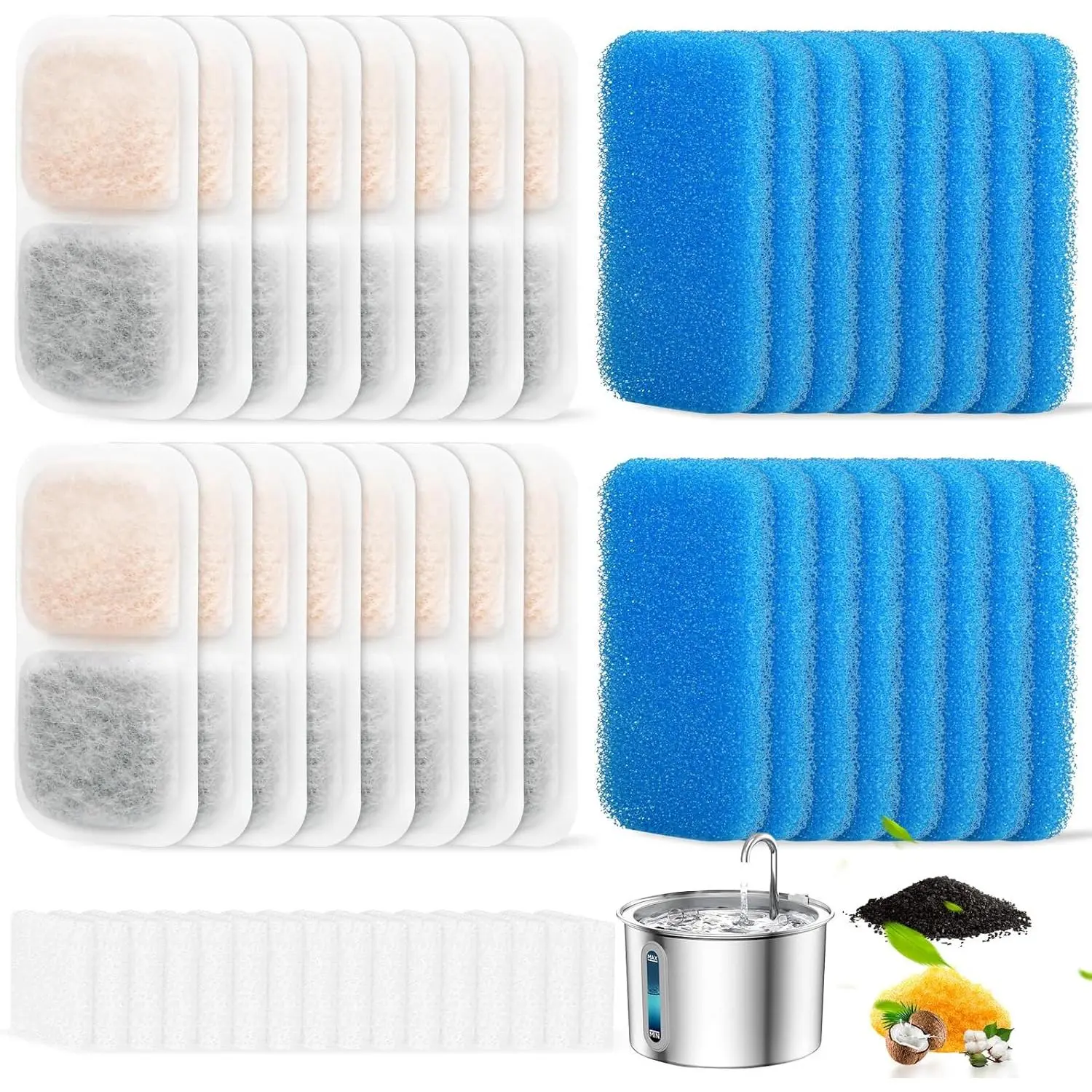 16 Sets  Water Fountain Filter Compatible with oneisall 67oz/2L Stainless Steel  Water Fountain, Activated Carbon    Grade PP Cotton, Fresh and Clean