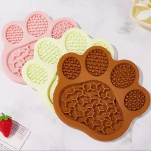 Pet Silicone Licking Mat Slow Feeder Bowl Puzzle Feeder, Smart Anti-Slip Food Tray for Cats and Dogs, Bear Paw Shape Non-Slip Silicone Bowl