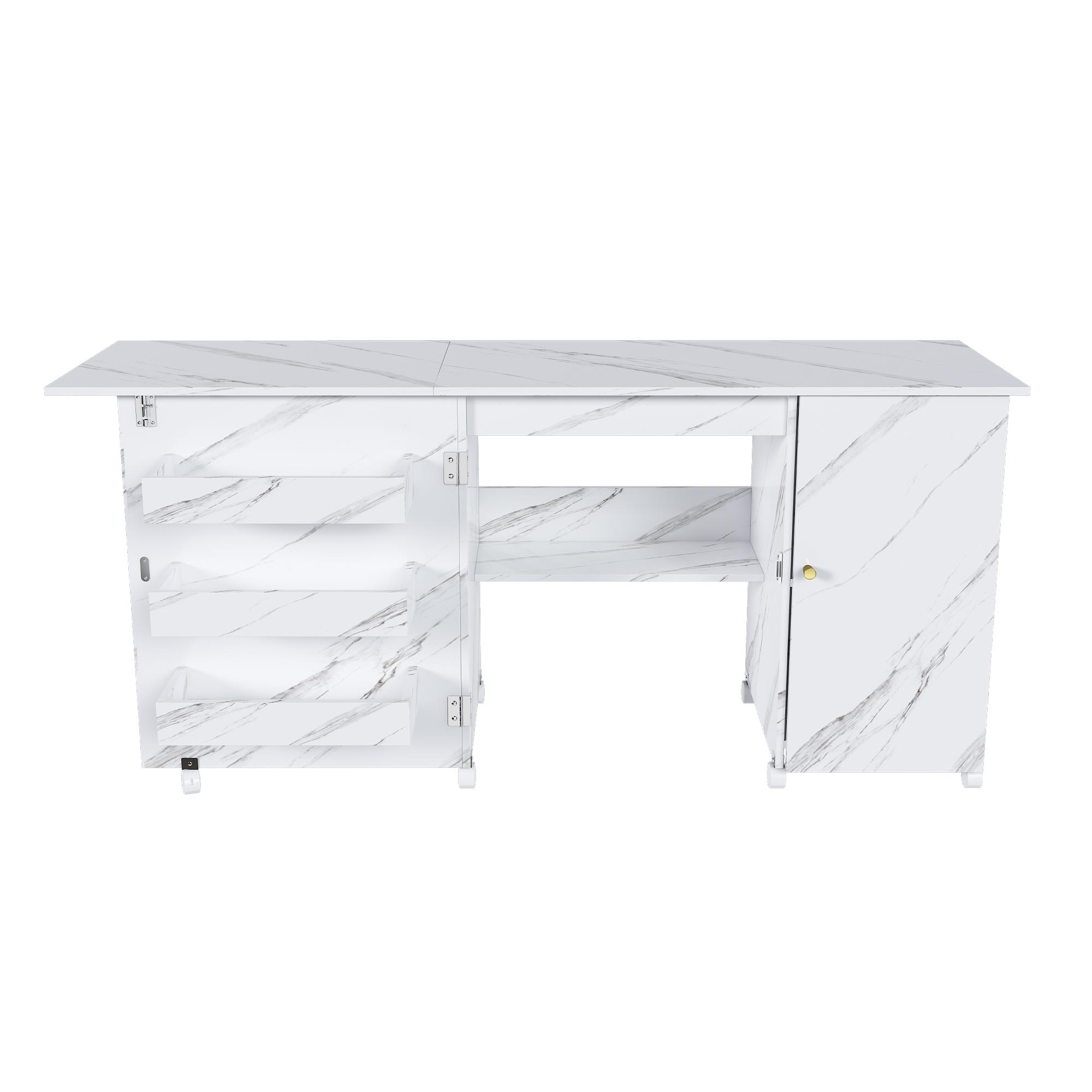 57.5" Foldable Sewing Machine Table with Locking Casters, Multi-Storage Craft Station with Shelves, Bins & Cabinet, Adjustable Sewing Cabinet for Home, Bedroom, and Craft Room(White)