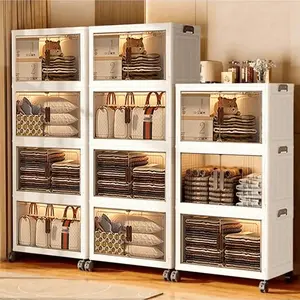 2/3/5layer Plastic Storage Bins With Lids Wide Extra Large Storage Cabinet, Collapsible Stackable Containers With Wheels, Foldable Organizer System For Closet, Bathroom, Home, Office, Dorm - White