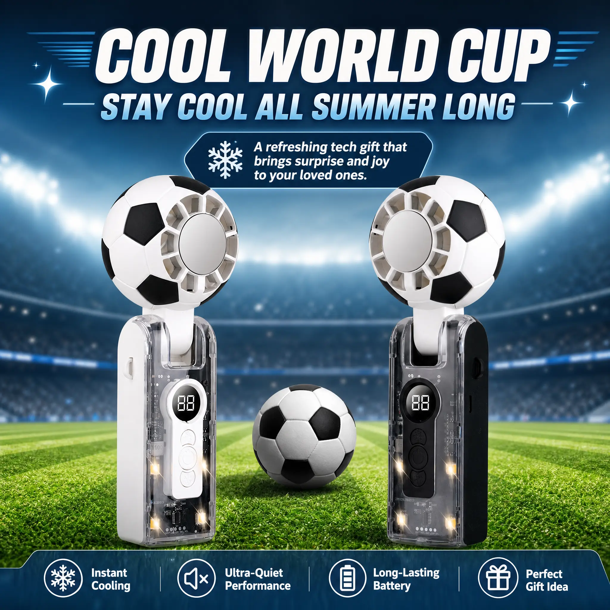 Portable Handheld High-Speed Cooling Fan with Ice Compress Function, Soccer Ball Design, Digital Display, Foldable, Perfect for Summer Travel, Vacation, and Outdoor Activities
