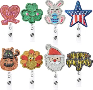 8 count Holiday Badge Reels Love Heart Clover Bunny Embroidered Retractable Felt Name ID Card Decorative Badge Holders with  Clip for Independence Thanksgiving Day Christmas Halloween