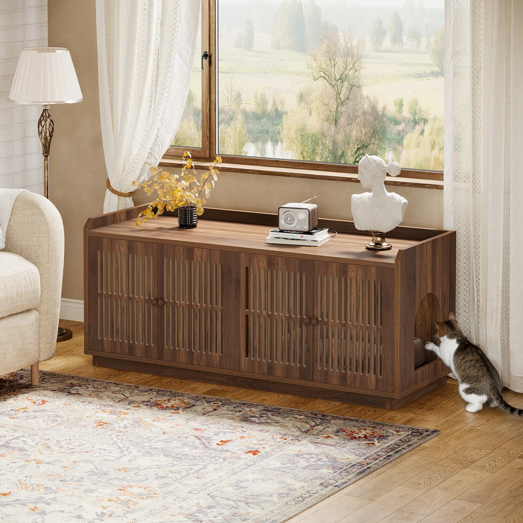 LITTLE TREE Cat Litter Box Enclosure for 2 Cats, 55’’ Wooden Hidden Litter Box Furniture with Double Doors and Side Entrance, Extra Large Cat Cabinet with Storage for Living Room