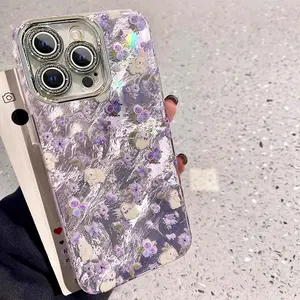 rabbit and purple flowers Phone Case for use with iphone 17 air 16 pro max 15 plus 14 pro 13/12/11 X/XS XSMAX artistic fresh aesthetic trendy phone cases holographic luxury phone case Y2K water glitter