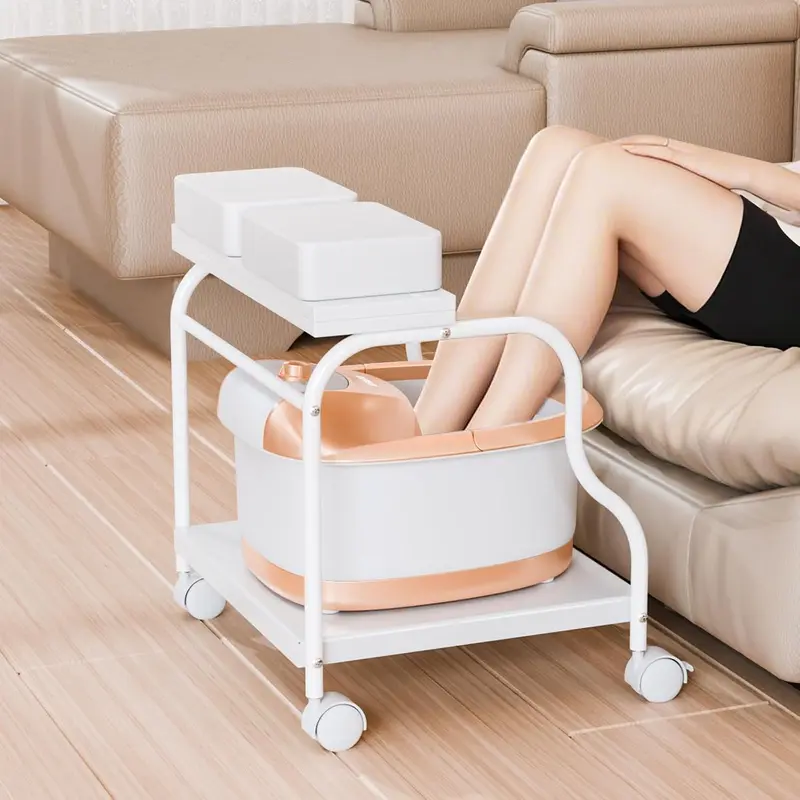 OmySalon Adjustable Height Metal Modern Pedicure Cart Foot Bath Trolley - Lockable Wheels, Stable, Foldable Top, Durable Multi-Use Furniture with PU Cushion Stool (Beauty Salon Equipment) for Estheticians