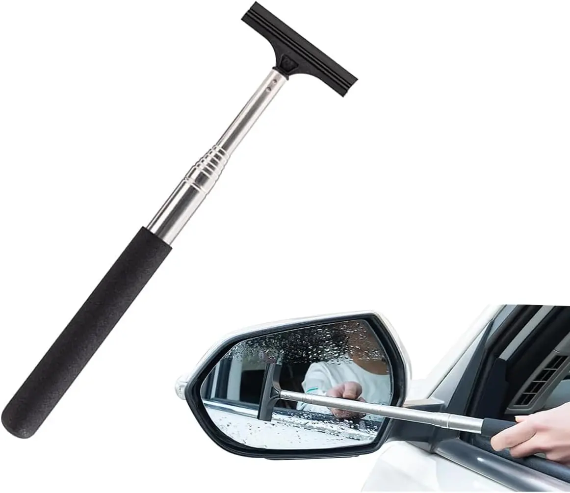 Telescopic Rearview Mirror Wiper with Natural Rubber Squeegee & Sponge Handle, Auto Detailing Products with Retractable Rod, 2.54x8.34in Universal Fit Tool for Mirror Wiping, Fog Removal & Glass Cleaning, Car Cleaning Supplies, Car Care Products