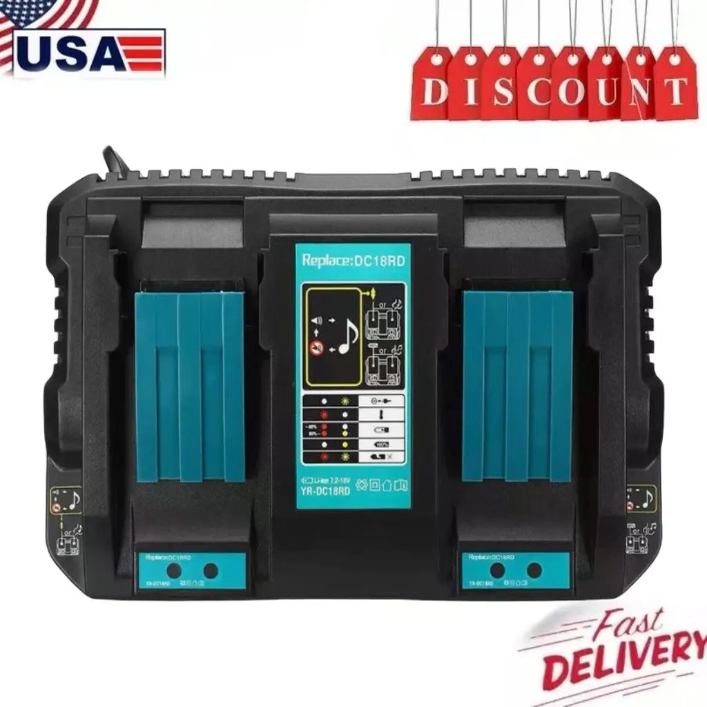 18V Dual-Port Lithium Ion Batteries Charger DC18RD for Makita LXT BL1830 BL1860 BL1840, High-Quality Fast Charging with LED Indicator