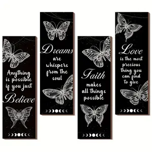 4-Piece Set of Wooden Butterfly Wall Art - Artistic Unframed Art Print Rustic 2D Flat-Print Decor Signs with Inspirational Quotes for Home Decoration - Adhesive Included for Easy Installation in Living Room, Bathroom, and Bedroom