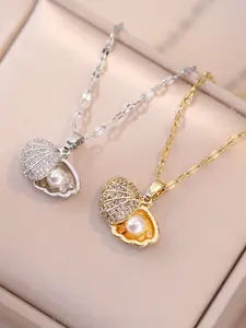 Fashion Copper Micro-Paved Zircon Pearl Shell Necklace, Color-Resistant Unique Design Clavicle Chain, Stylish Jewelry for Women
