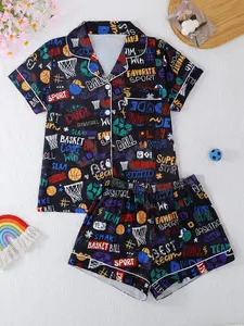 Women's Casual Sleepwear Set, Geometric Pattern Short Sleeve Top & Elastic Waist Shorts, All-Season Comfortable Loungewear