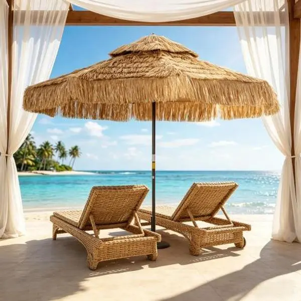 8.5FT Straw Tassel Outdoor Patio Umbrella - Double-Tier Vented Windproof Fabric Canopy, Modern Sun Protection Parasol with Stable Design for Poolside, Garden Shade Solutions, Patio Decor