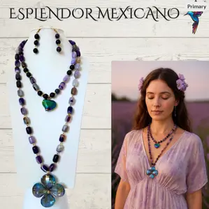 Mexican Artisanal Handmade Mexican Purple Flower and Heart Natural Stone Crystal Necklace set /Beaded Stone Necklace/Agate/Amythest